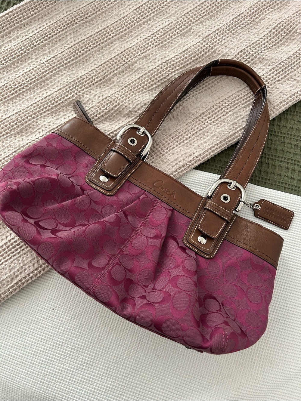 Vintage Coach - large Signature Soho in Berry with Brown Leather Trim